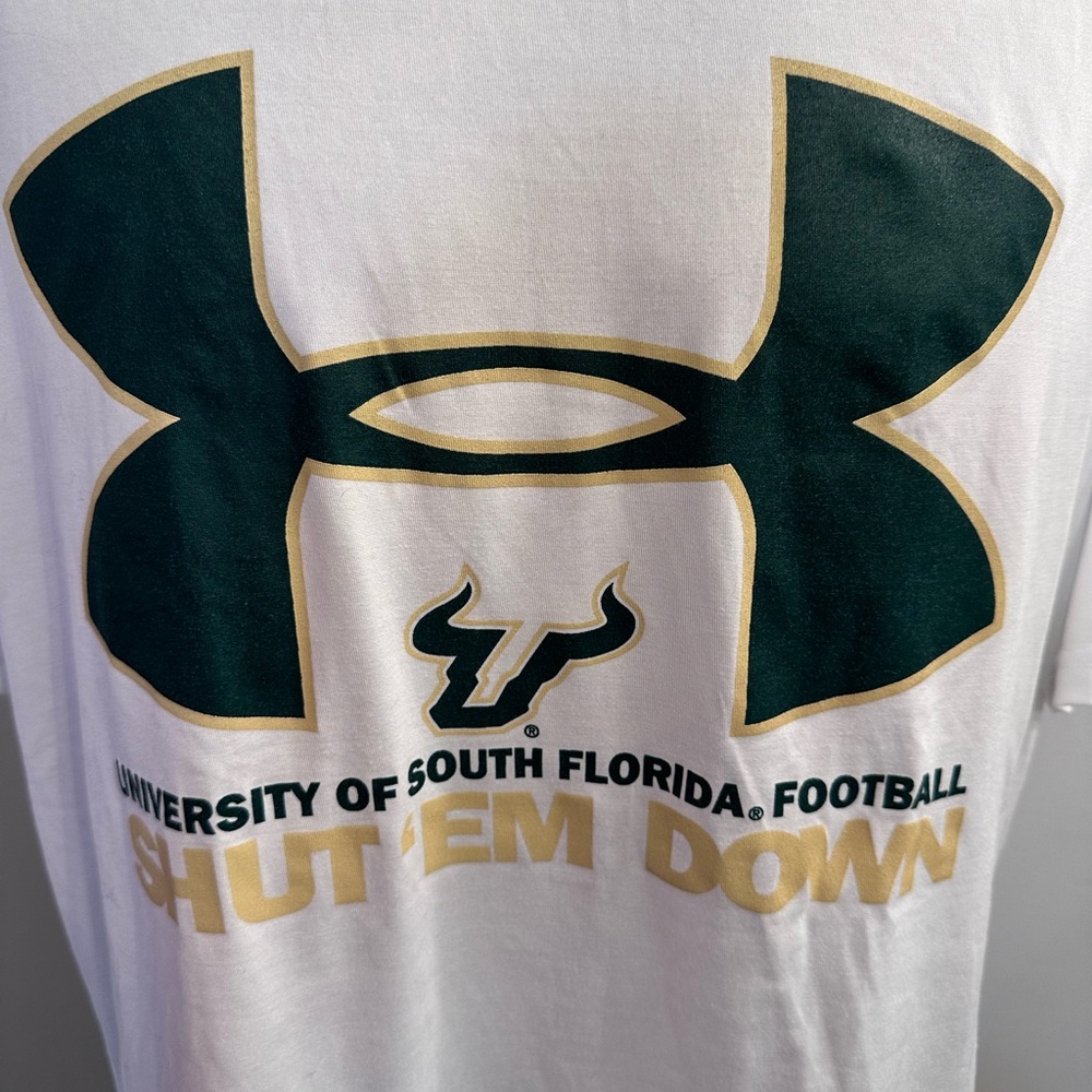 Under Armour White Tee with Green and Gold Design University of southern Florida
